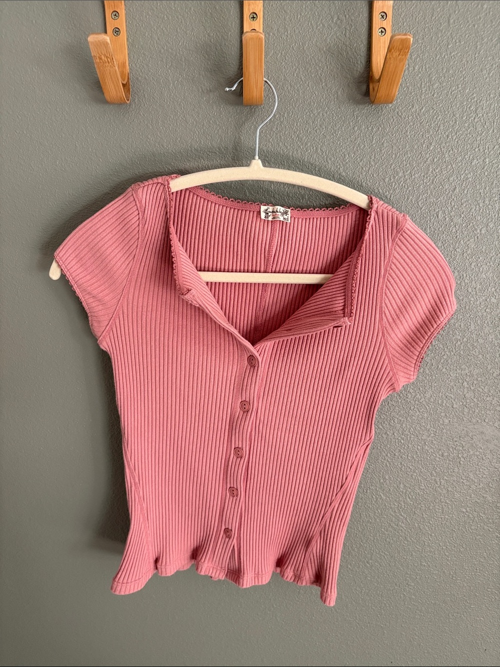 Free People Ribbed Button-Front Cap Sleeve Top - Dusty Rose Pink
